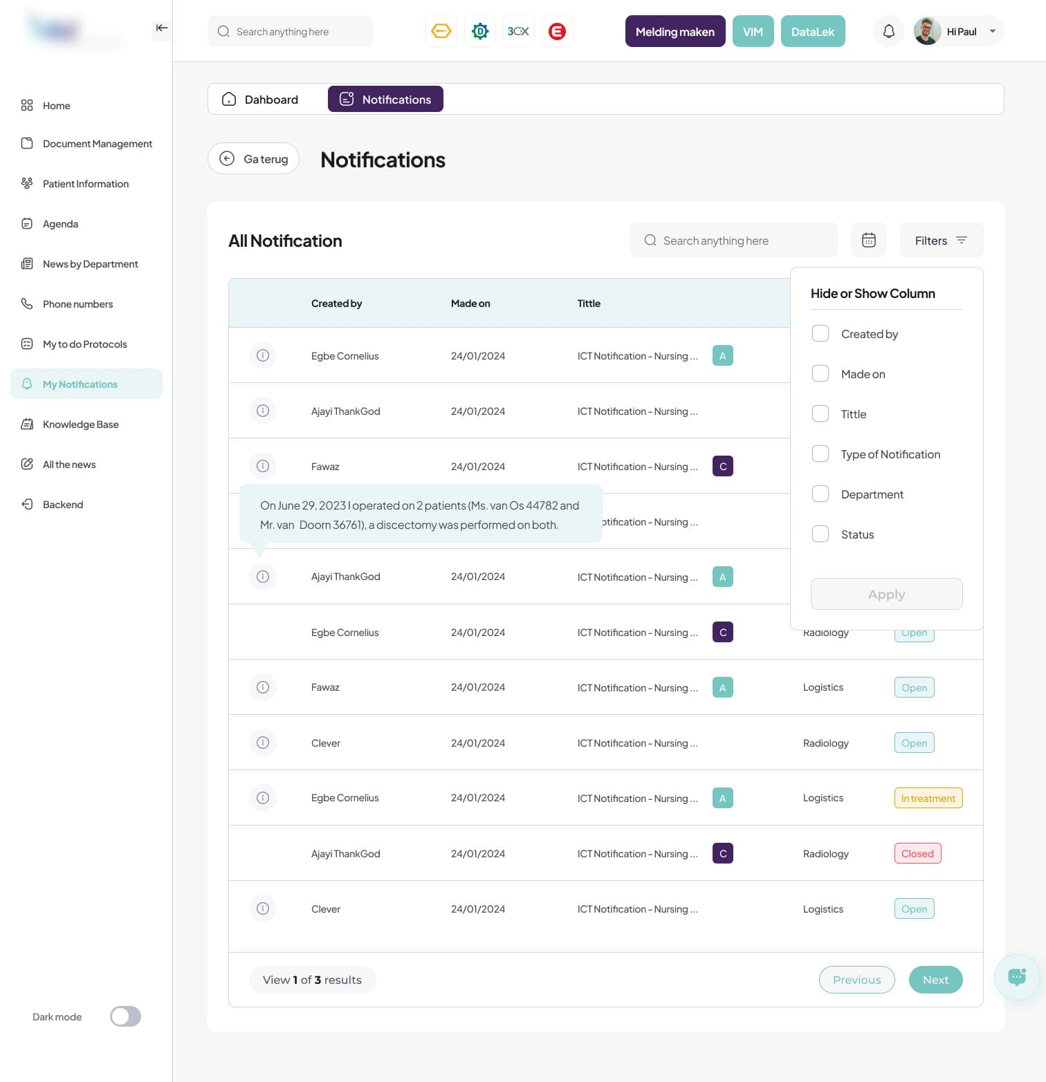 Notificatie detail met filters